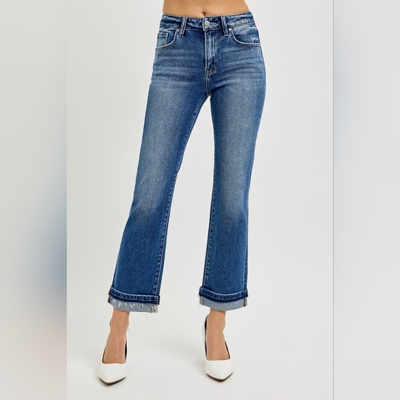 RISEN Mid Rise Dark Wash Straight Jeans Slim Ankle Cuffed Stretch Various NEW - Picture 3 of 6